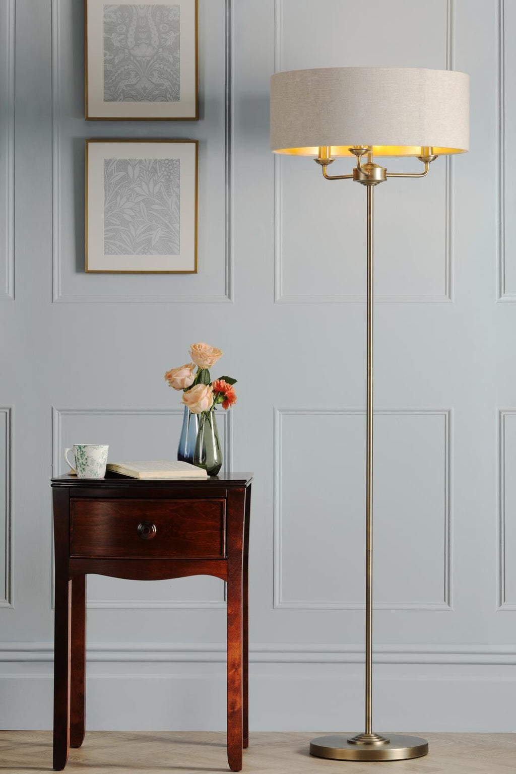 Laura Ashley Sorrento 3 Light Floor Lamp Matt Antique Brass With Natural Shade LA3756755-Q