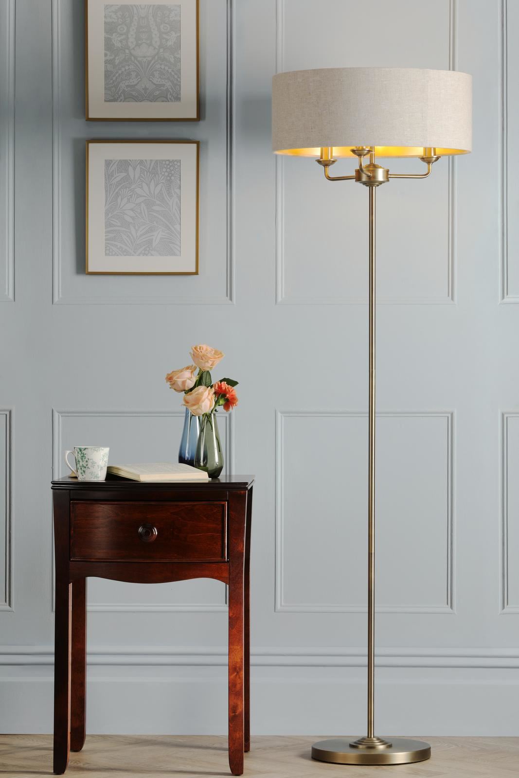 Laura Ashley Sorrento 3 Light Floor Lamp Matt Antique Brass With Natural Shade LA3756755-Q