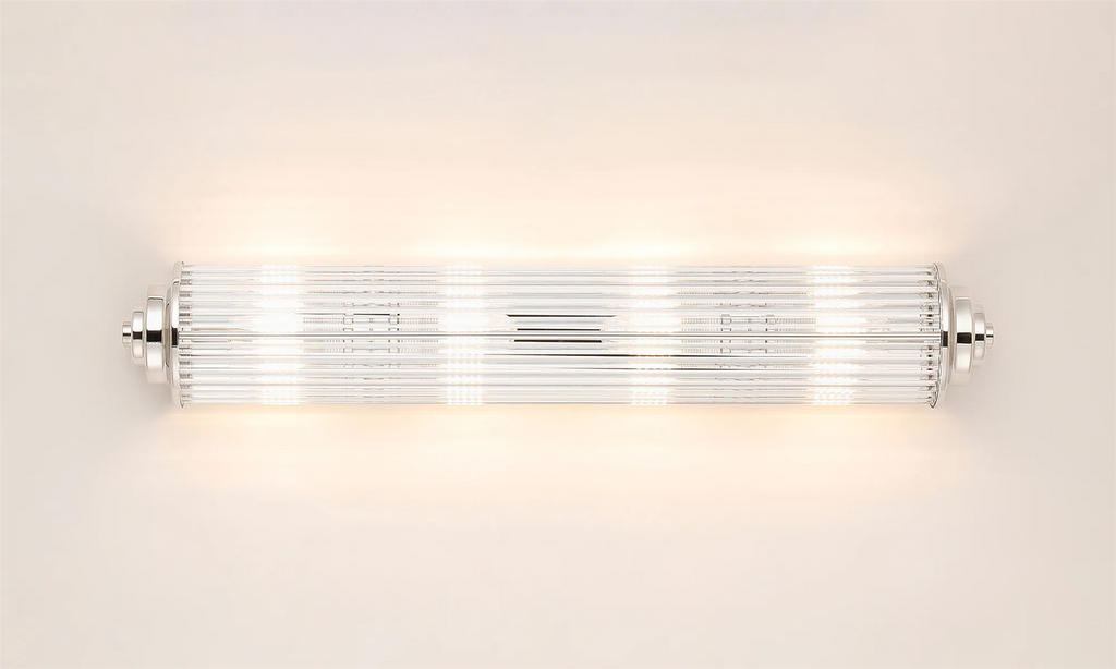 Pillar 4 Light Bathroom Wall Light In Polished Nickel And Clear Glass Rods IP44 G9