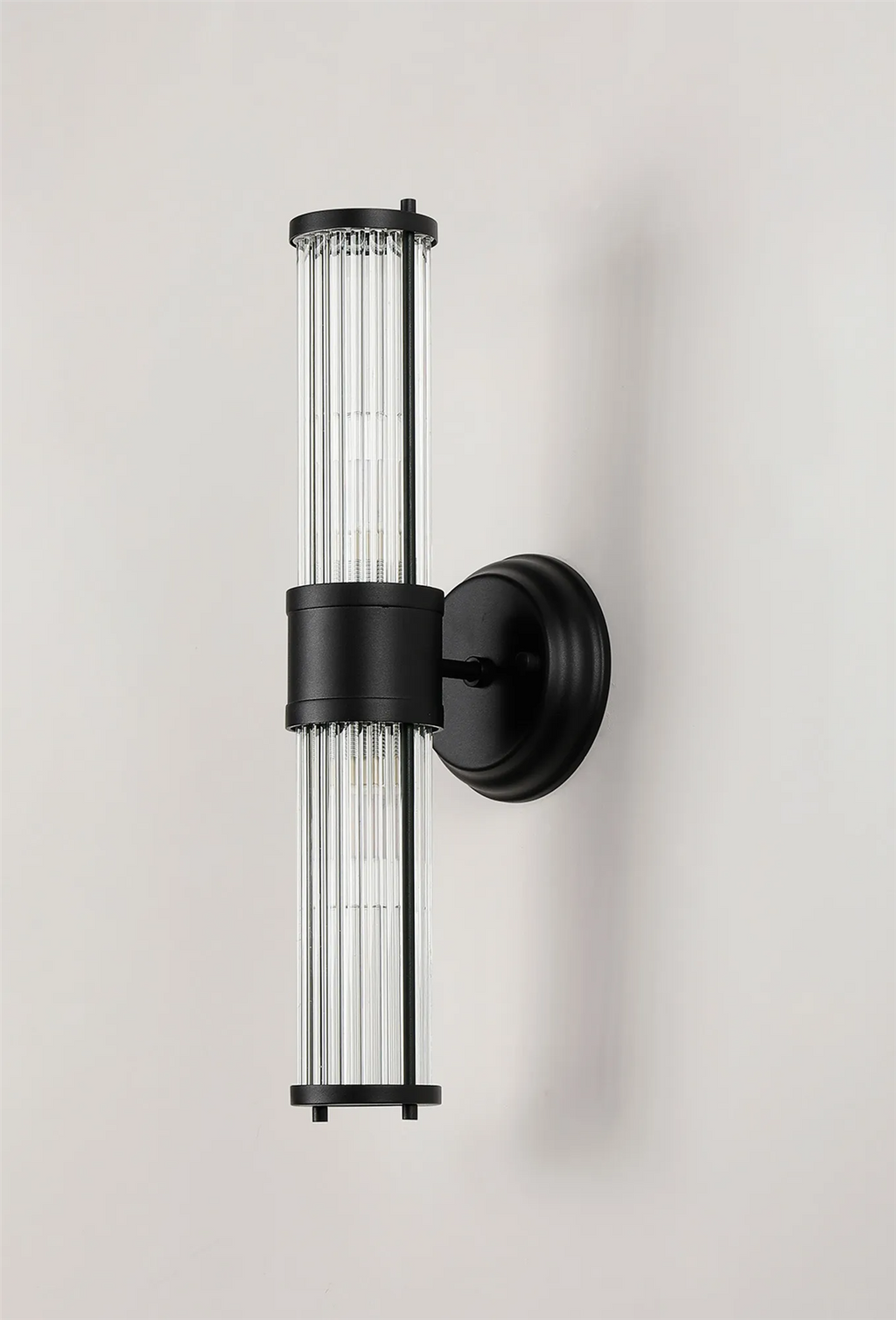 Pillar Up And Down 2 Light Bathroom Wall Light In Satin Black And Clear Glass Rods IP44 E14