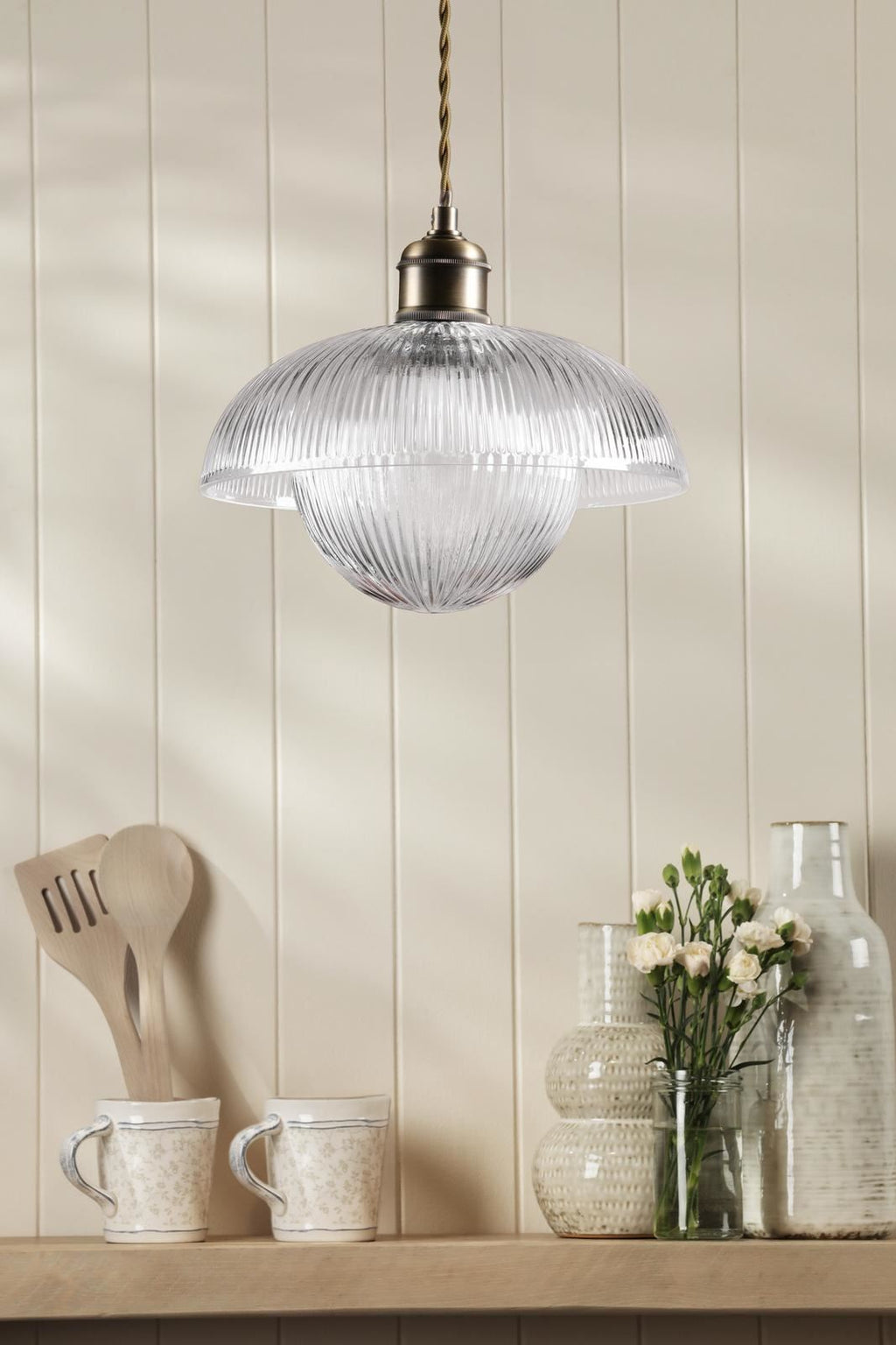 Laura Ashley Billham Pendant Matt Antique Brass and Ribbed Glass LA3756651-Q