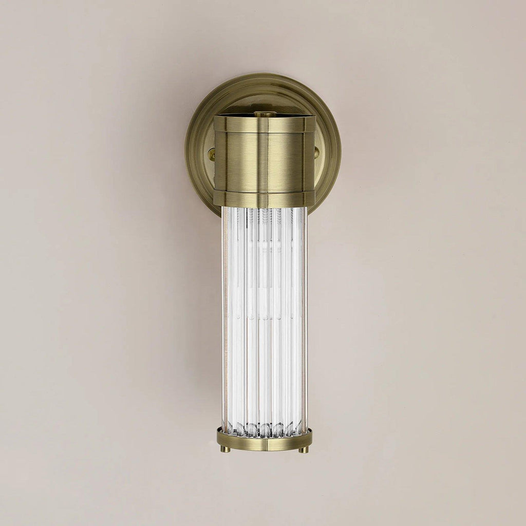 Pillar 1 Light Bathroom Wall Light In Antique Brass And Clear Glass Rods IP44 E14