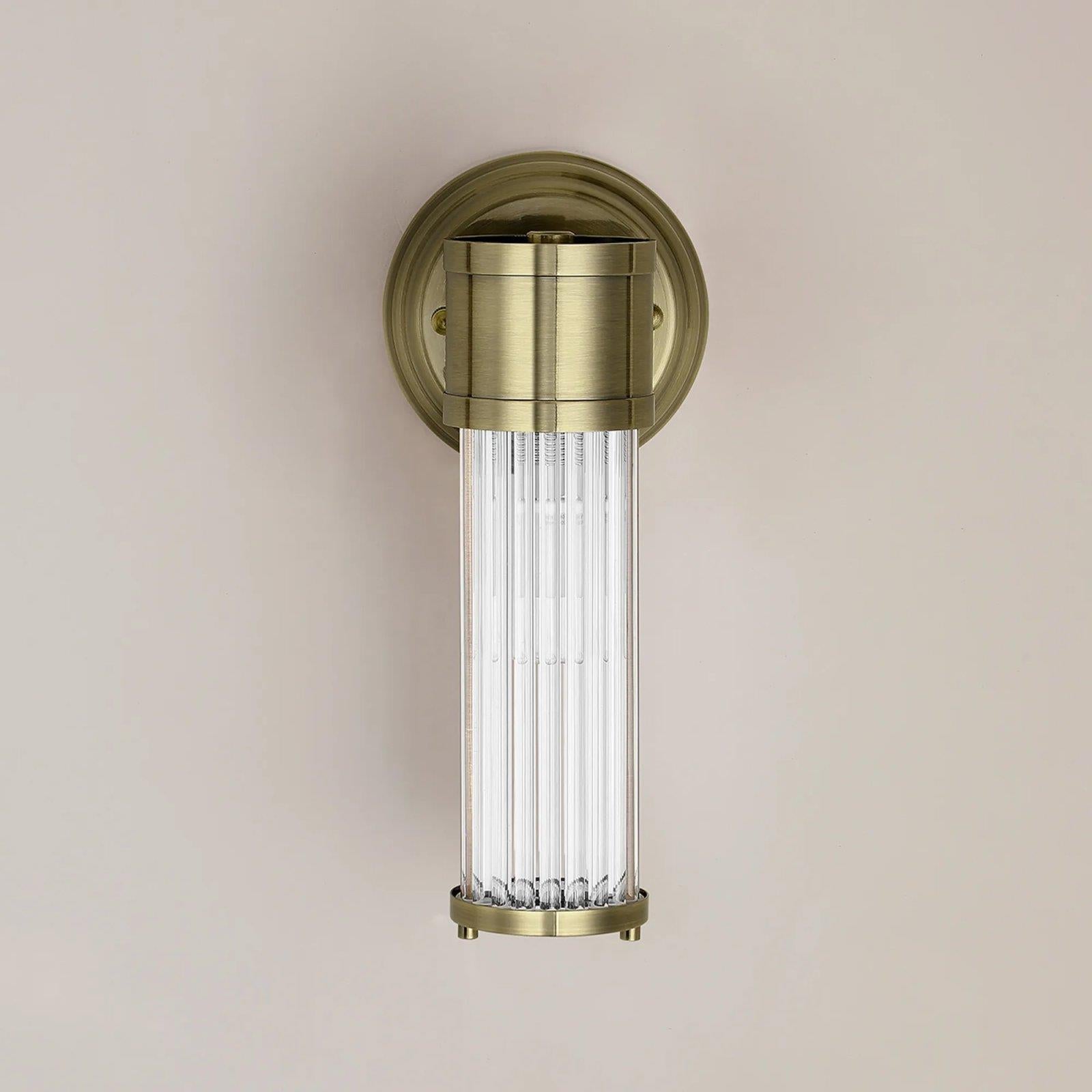 Pillar 1 Light Bathroom Wall Light In Antique Brass And Clear Glass Rods IP44 E14