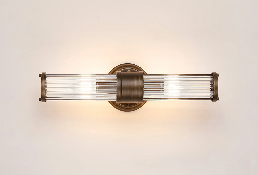 Pillar Up And Down 2 Light Bathroom Wall Light In Bronze And Clear Glass Rods IP44 E14