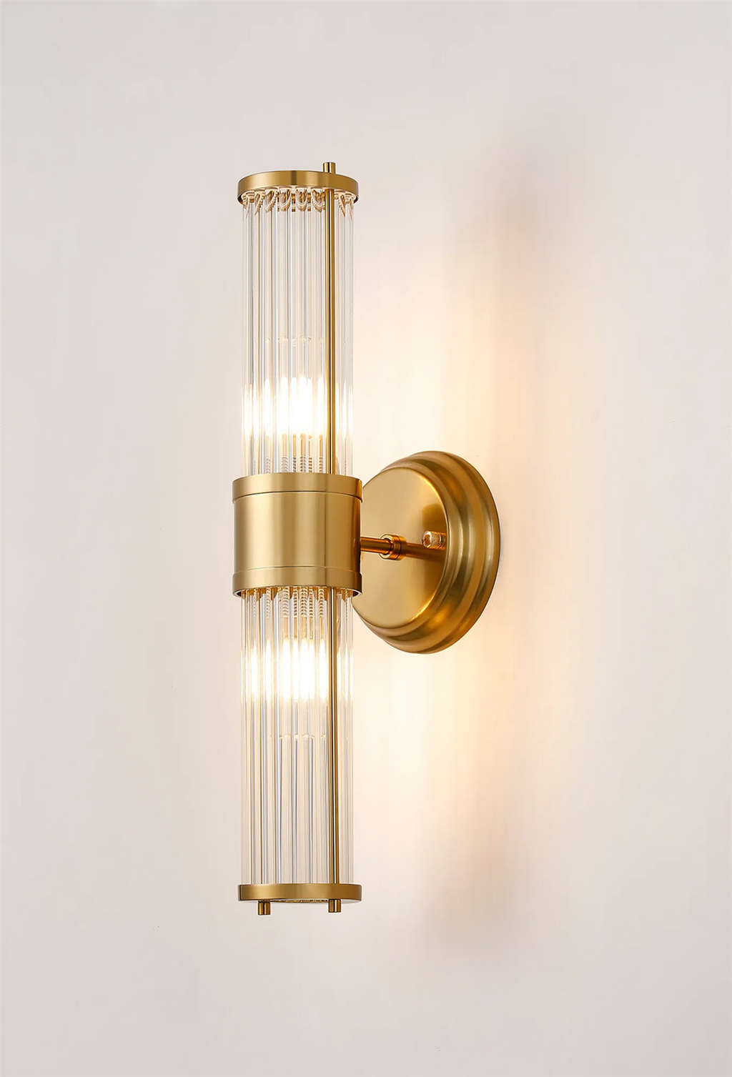 Pillar Up And Down 2 Light Bathroom Wall Light In Gold And Clear Glass Rods IP44 E14