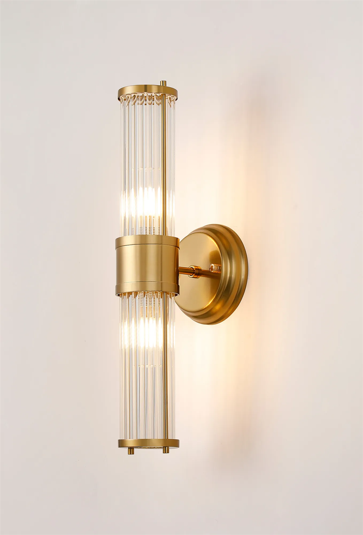 Pillar Up And Down 2 Light Bathroom Wall Light In Gold And Clear Glass Rods IP44 E14