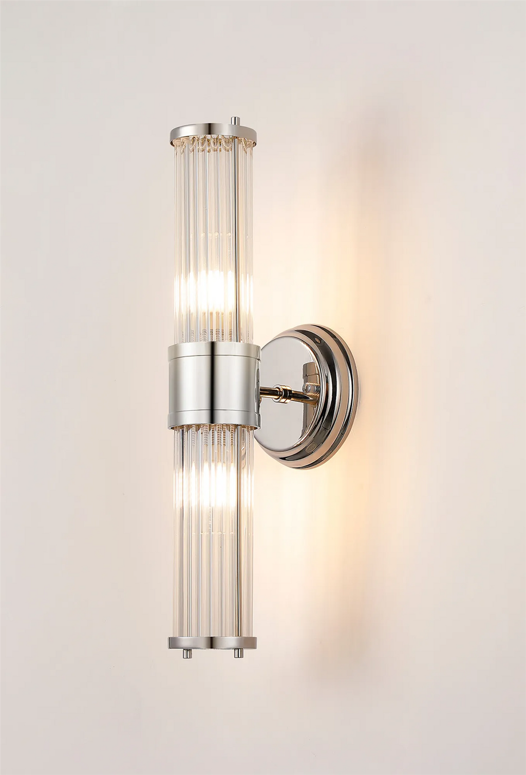 Pillar Up And Down 2 Light Bathroom Wall Light In Polished Nickel And Clear Glass Rods IP44 E14