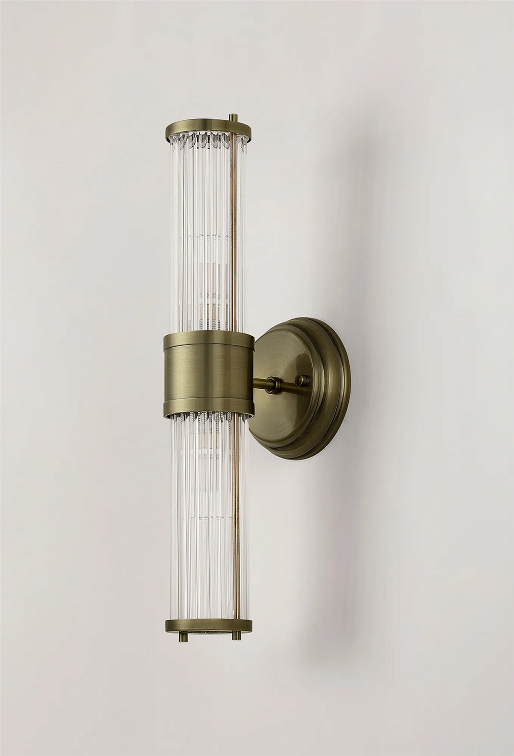 Pillar Up And Down 2 Light Bathroom Wall Light In Antique Brass And Clear Glass Rods IP44 E14