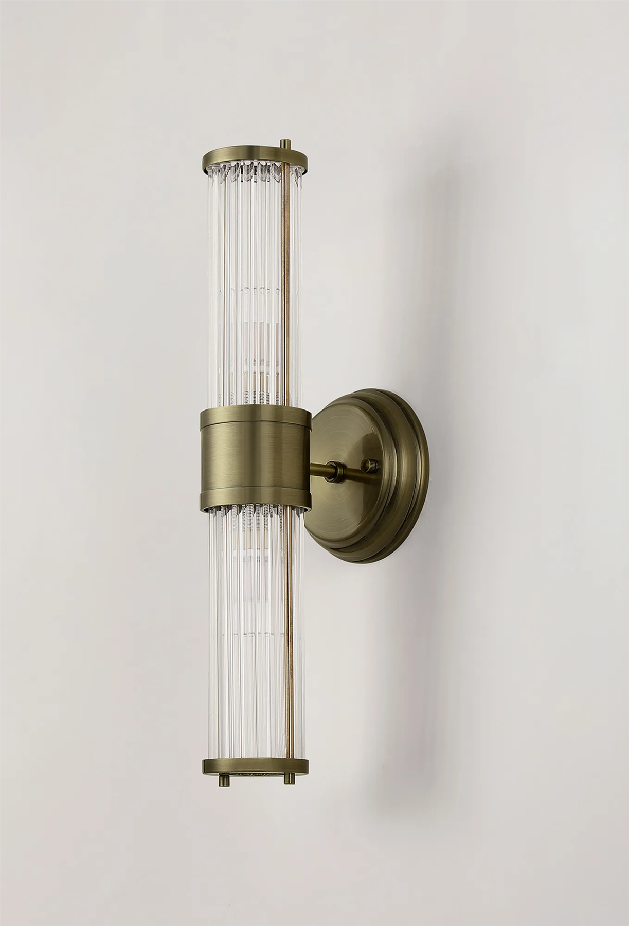 Pillar Up And Down 2 Light Bathroom Wall Light In Antique Brass And Clear Glass Rods IP44 E14