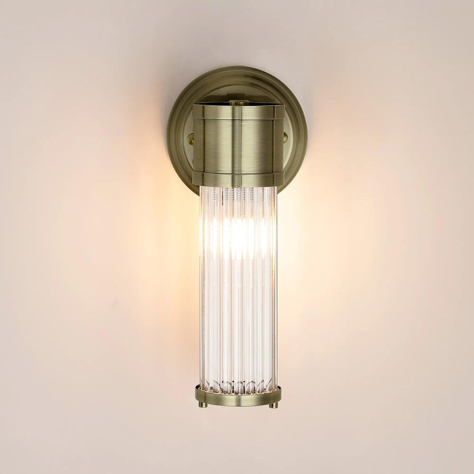 Pillar 1 Light Bathroom Wall Light In Antique Brass And Clear Glass Rods IP44 E14