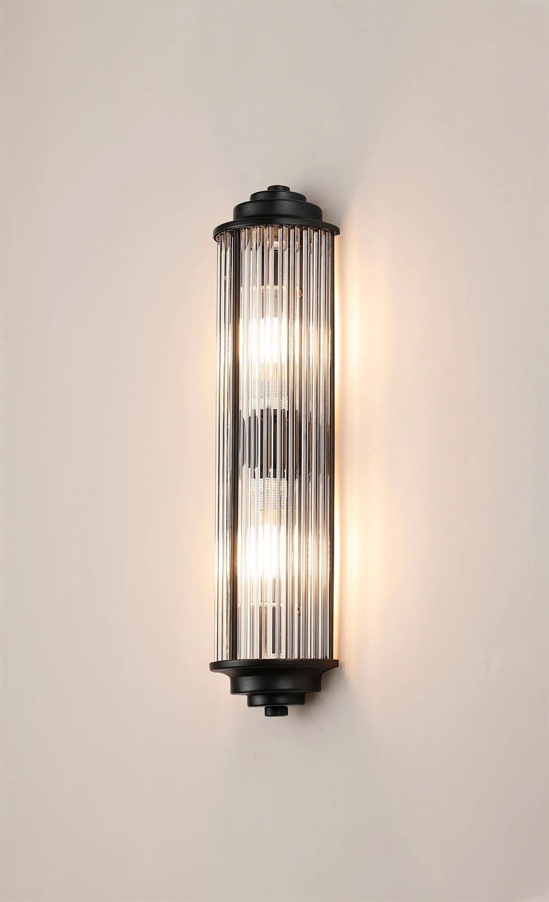 Pillar 2 Light Bathroom Wall Light In Satin Black And Clear Glass Rods IP44 G9