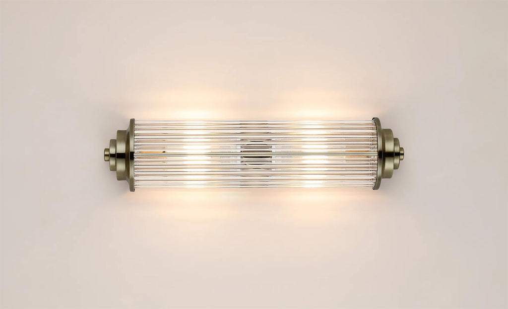 Pillar 2 Light Bathroom Wall Light In Antique Brass And Clear Glass Rods IP44 G9