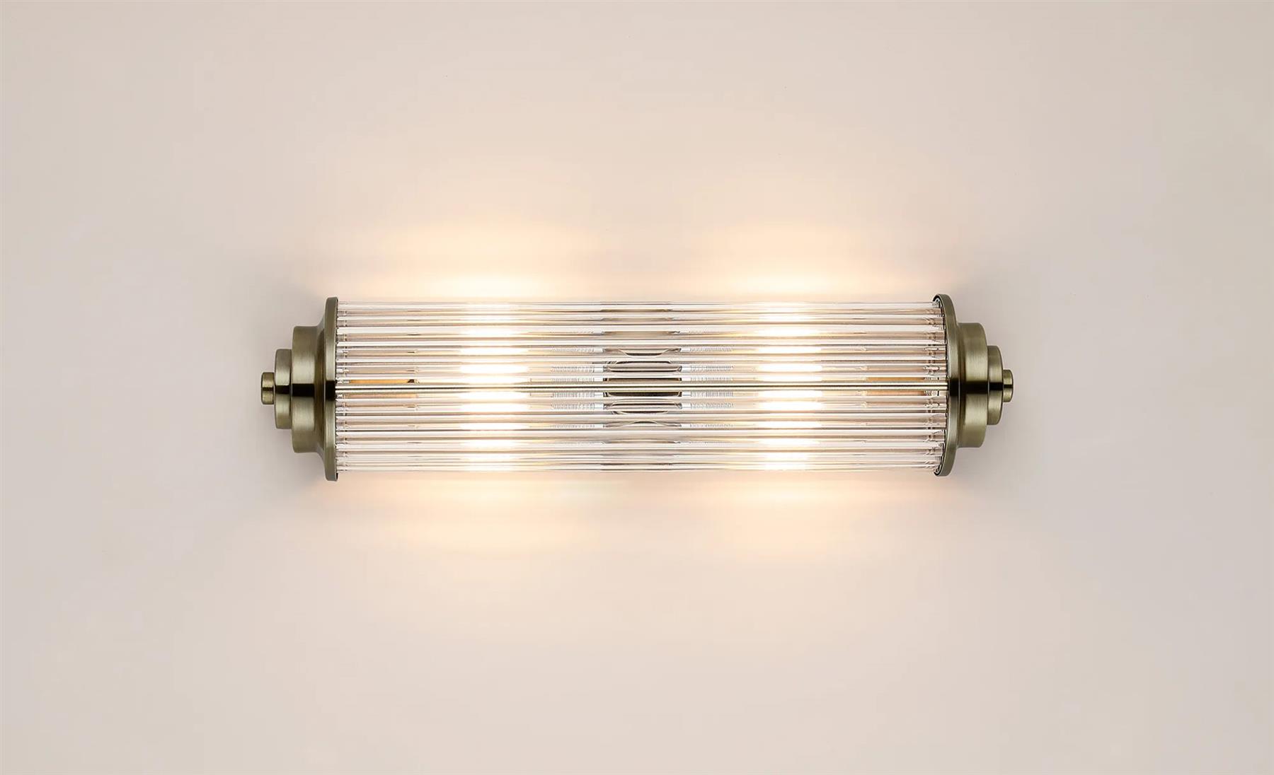 Pillar 2 Light Bathroom Wall Light In Antique Brass And Clear Glass Rods IP44 G9