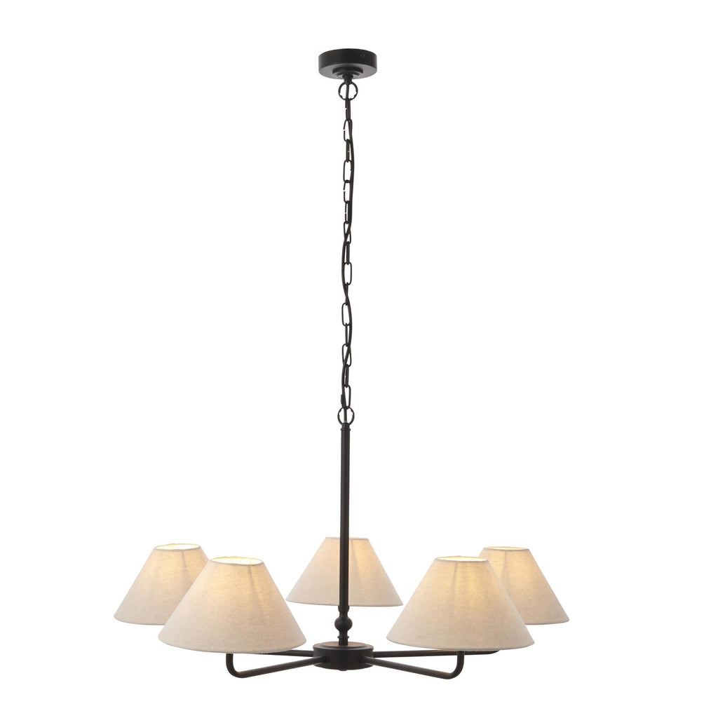 Lille 5 Light  Ceiling Pendant Light In Matt Black With Natural Linen Shades 117832