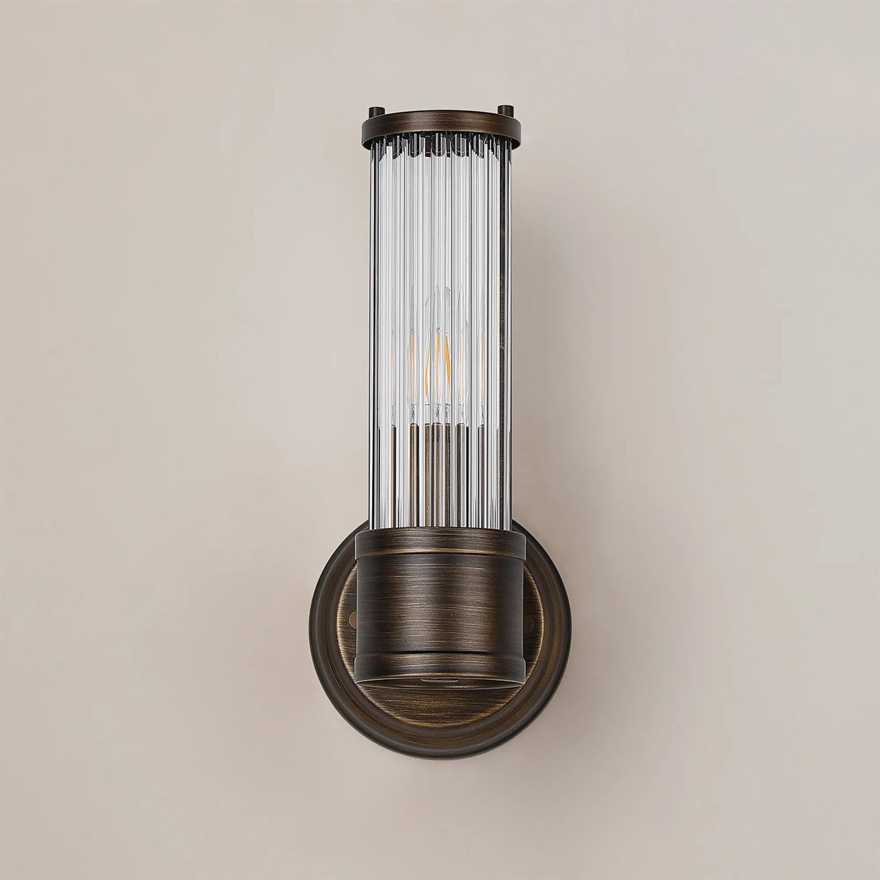 Pillar 1 Light Bathroom Wall Light In Bronze And Clear Glass Rods IP44 E14