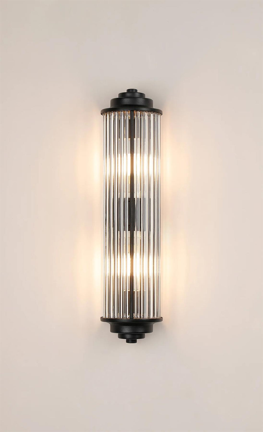 Pillar 2 Light Bathroom Wall Light In Satin Black And Clear Glass Rods IP44 G9