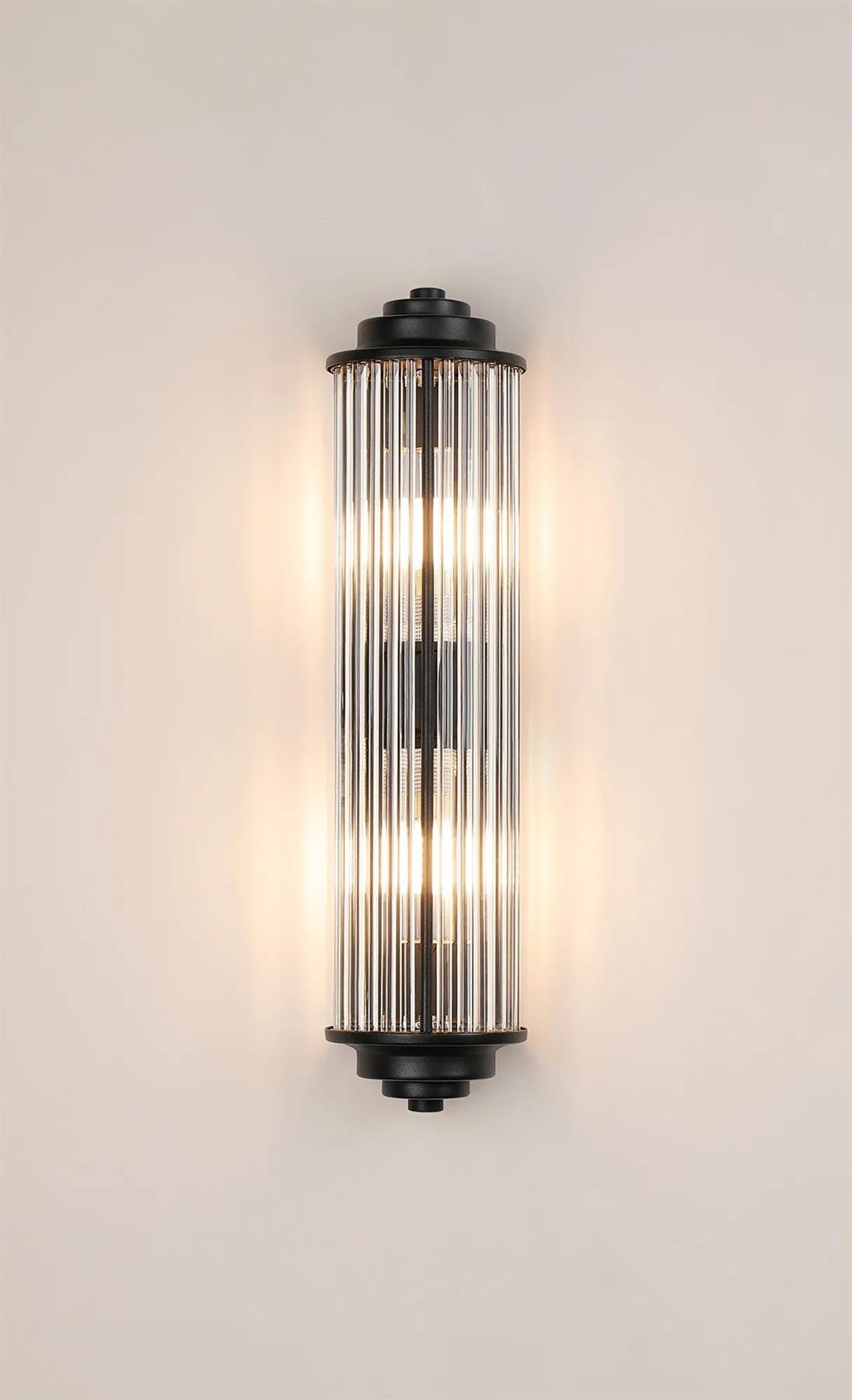 Pillar 2 Light Bathroom Wall Light In Satin Black And Clear Glass Rods IP44 G9
