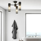 Pillar 3 Light Bathroom Semi Flush Ceiling Light In Satin Black And Clear Glass Rods IP44 E14