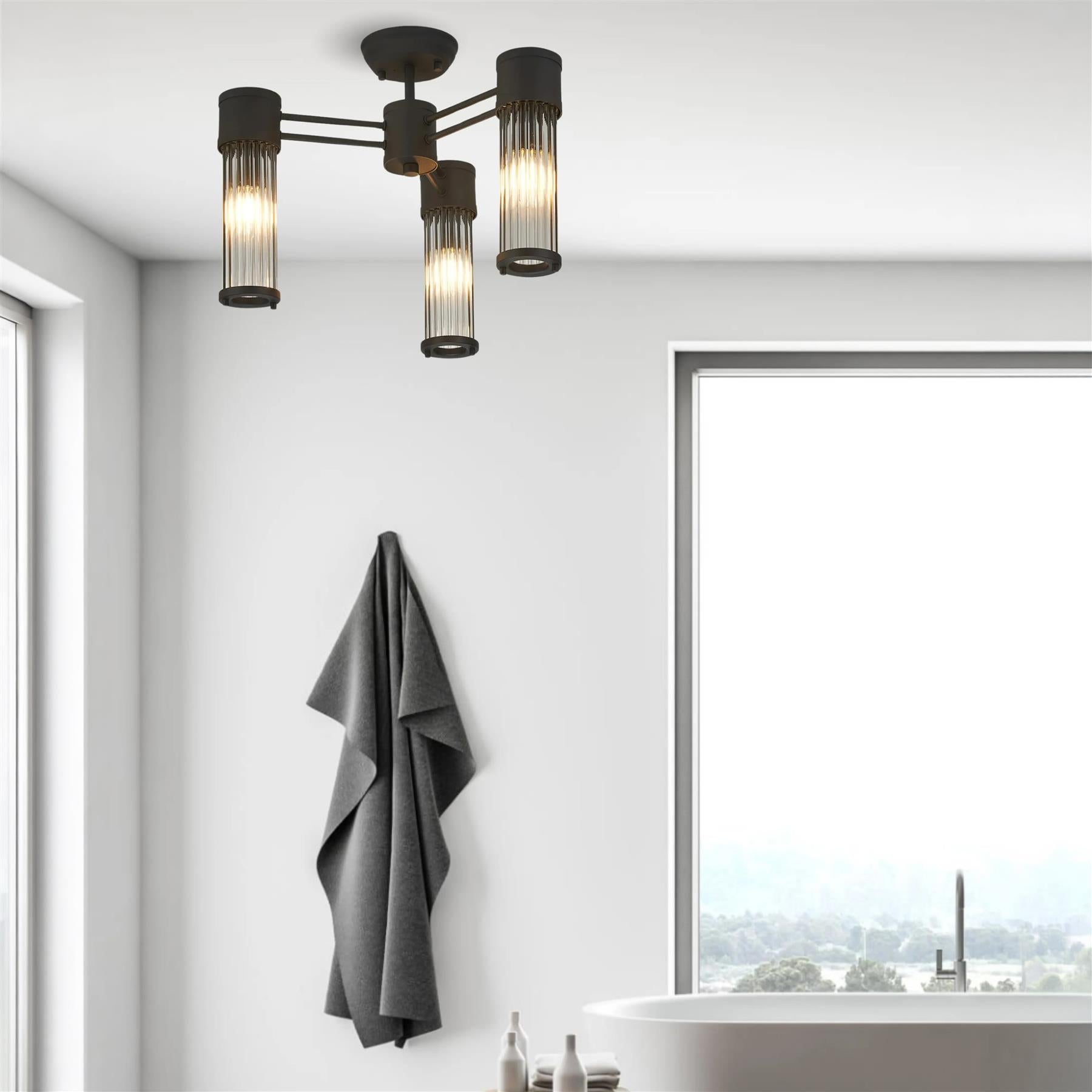 Pillar 3 Light Bathroom Semi Flush Ceiling Light In Satin Black And Clear Glass Rods IP44 E14