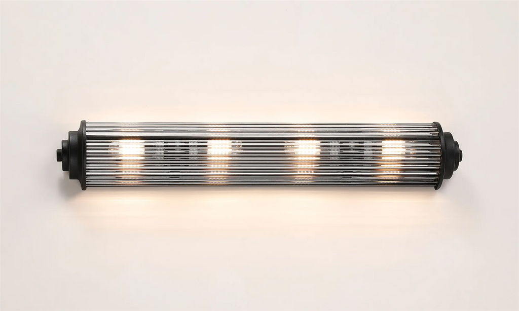 Pillar 4 Light Bathroom Wall Light In Satin Black And Clear Glass Rods IP44 G9