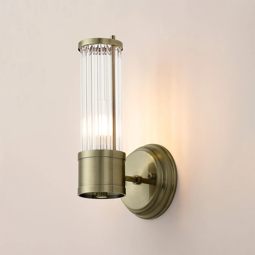 Pillar 1 Light Bathroom Wall Light In Antique Brass And Clear Glass Rods IP44 E14