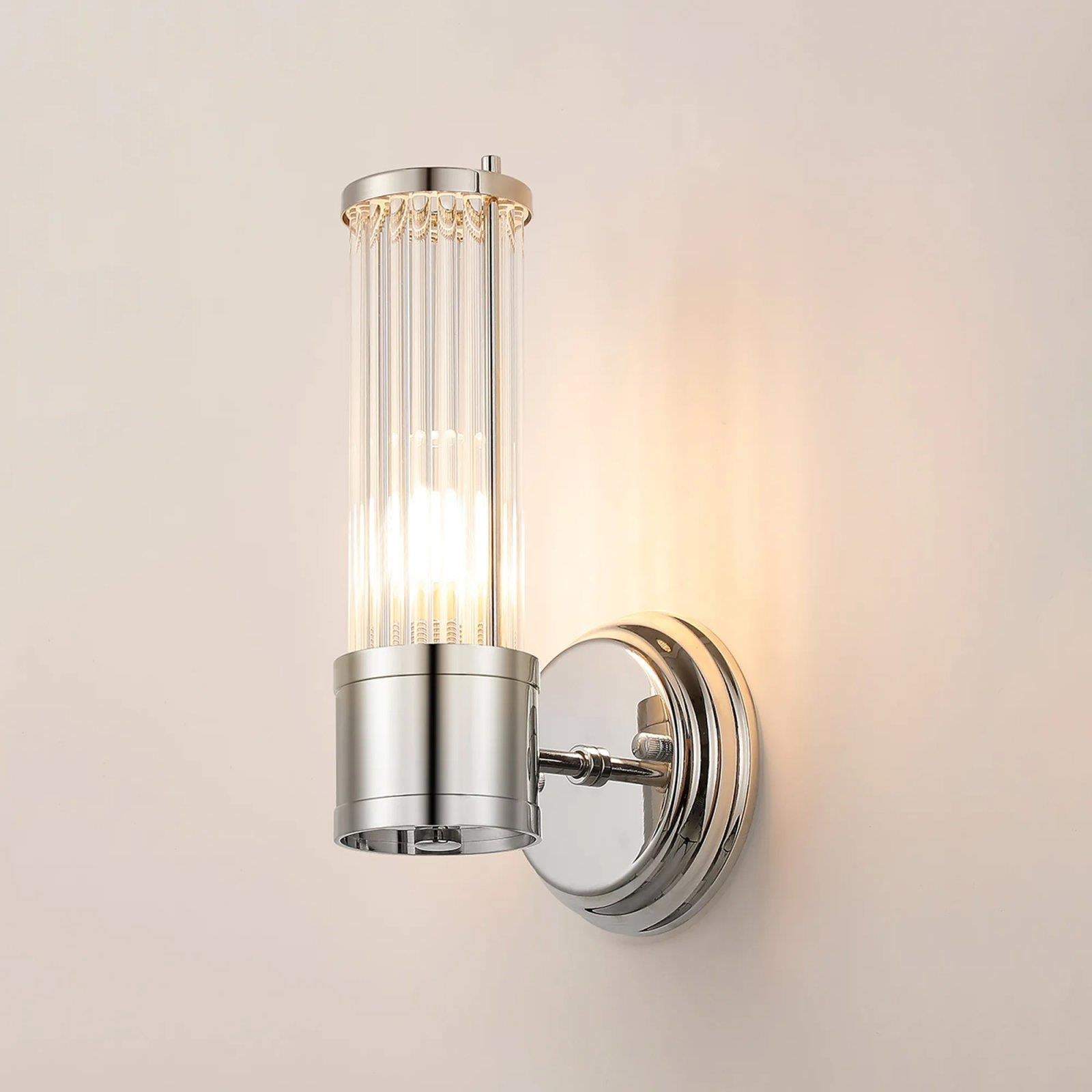 Pillar 1 Light Bathroom Wall Light In Polished Nickel And Clear Glass Rods IP44 E14