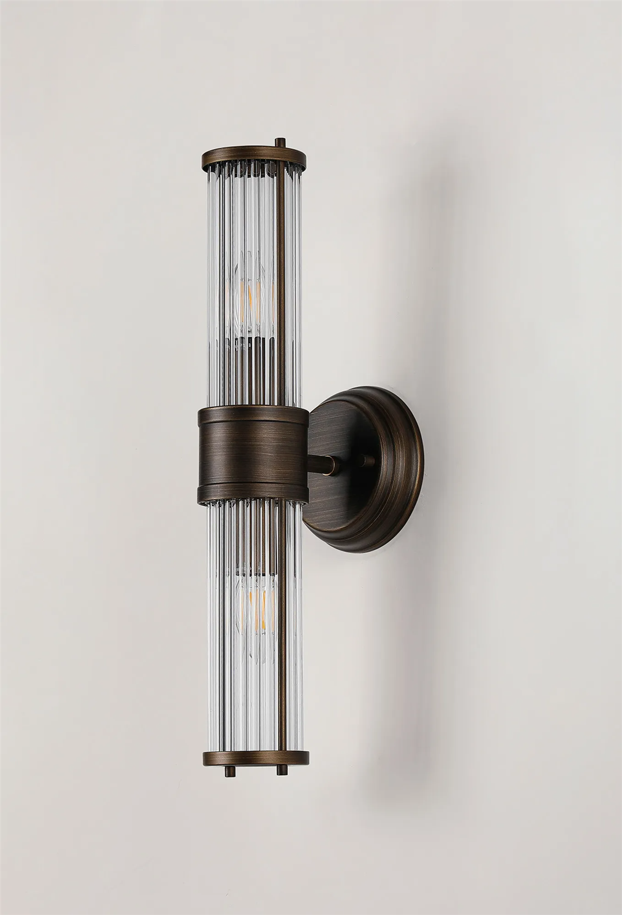Pillar Up And Down 2 Light Bathroom Wall Light In Bronze And Clear Glass Rods IP44 E14