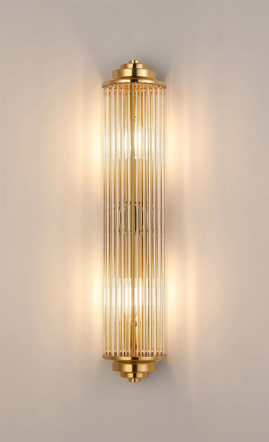 Pillar 2 Light Bathroom Wall Light In Gold And Clear Glass Rods IP44 E14