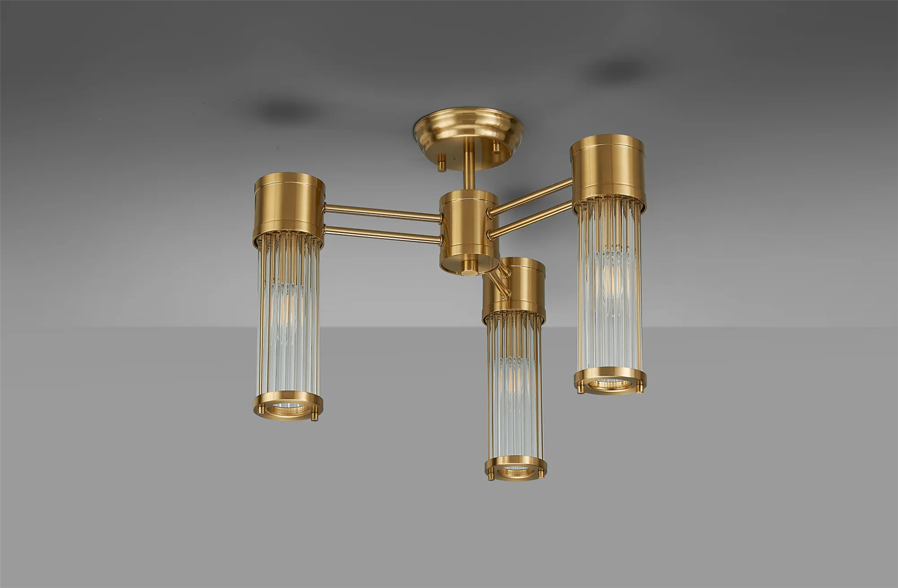 Pillar 3 Light Bathroom Semi Flush Ceiling Light In Gold And Clear Glass Rods IP44 E14