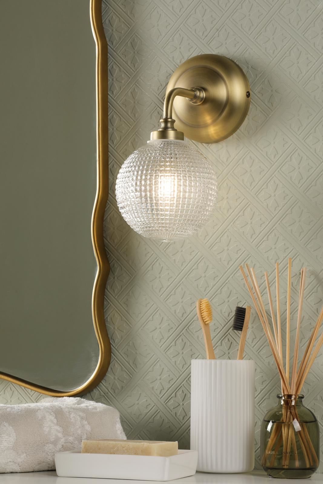 Laura Ashley Langdon Bathroom Wall Light Matt Antique Brass and Textured Glass IP44 LA3756716-Q