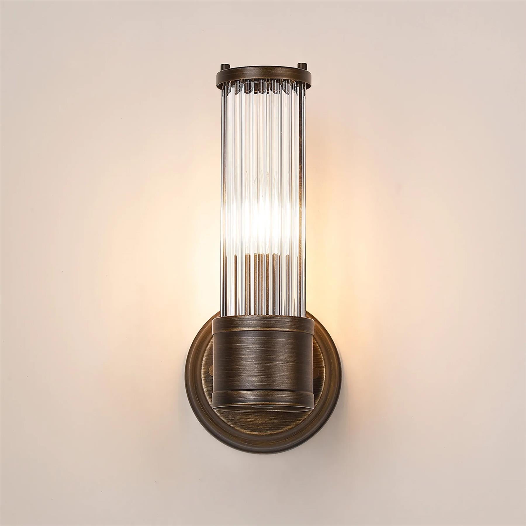 Pillar 1 Light Bathroom Wall Light In Bronze And Clear Glass Rods IP44 E14