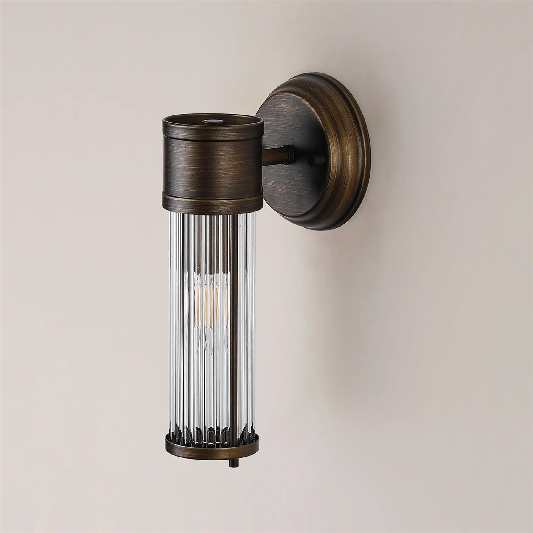Pillar 1 Light Bathroom Wall Light In Bronze And Clear Glass Rods IP44 E14