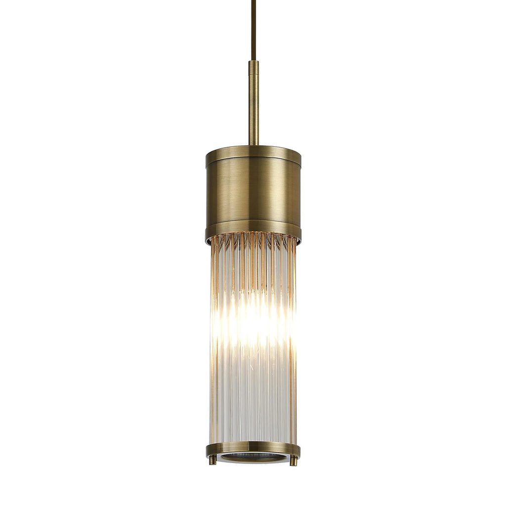 Pillar Bathroom Single Ceiling Pendant Light In Antique Brass And Clear Glass Rods IP44 E14