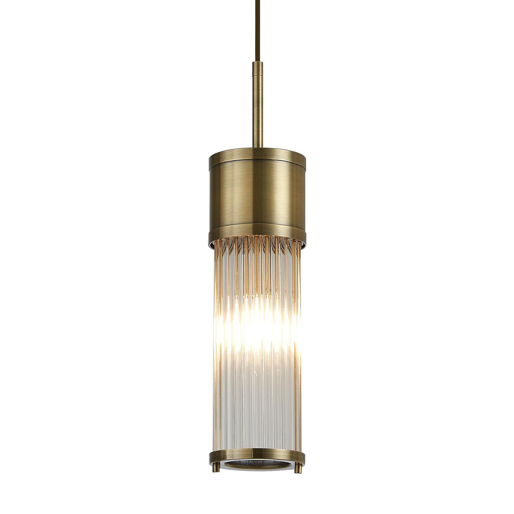 Pillar Bathroom Single Ceiling Pendant Light In Antique Brass And Clear Glass Rods IP44 E14