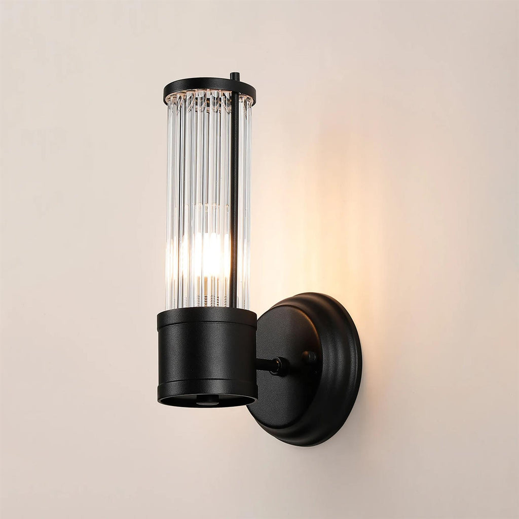 Pillar 1 Light Bathroom Wall Light In Satin Black And Clear Glass Rods IP44 E14
