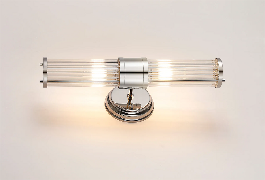 Pillar Up And Down 2 Light Bathroom Wall Light In Polished Nickel And Clear Glass Rods IP44 E14