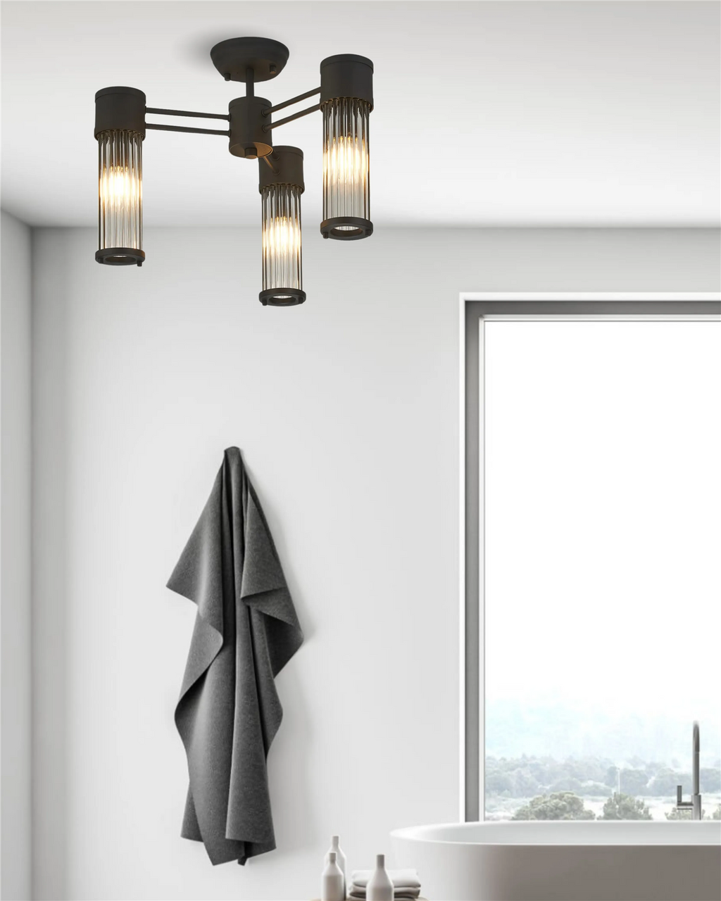 Pillar 3 Light Bathroom Semi Flush Ceiling Light In Satin Black And Clear Glass Rods IP44 E14