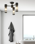 Pillar 3 Light Bathroom Semi Flush Ceiling Light In Satin Black And Clear Glass Rods IP44 E14