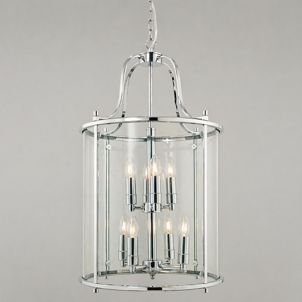 Ashley Traditional 8 Light Large Round Hall Ceiling Lantern, Polished Chrome