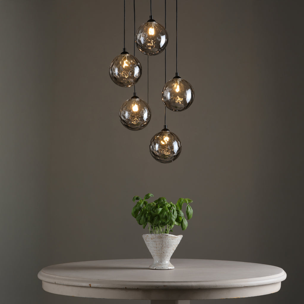 Federico 5 Light Cluster Ceiling Pendant Light In Matt Black With Smoked Dimpled Glass FED0522-10