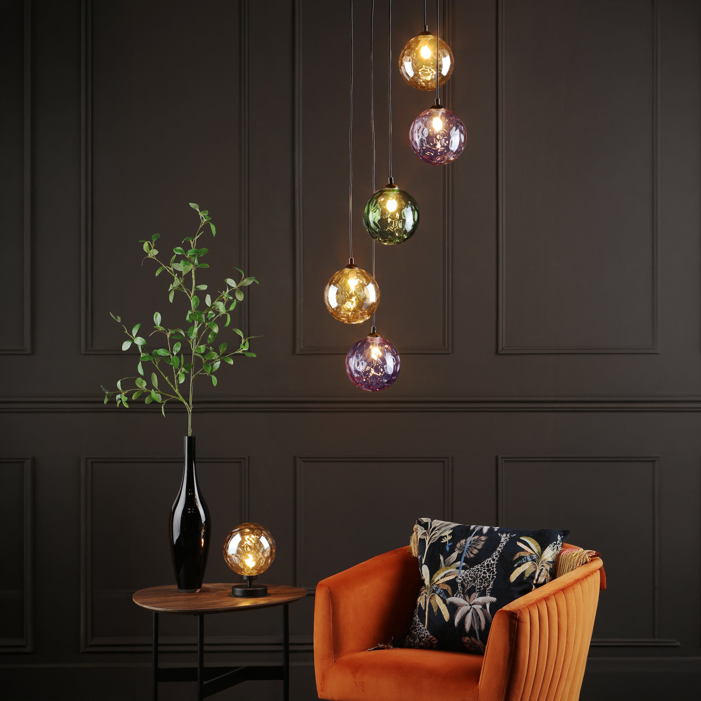 Federico 5 Light Cluster Ceiling Pendant Light In Matt Black With Mixed Coloured Glass FED0522-MIX