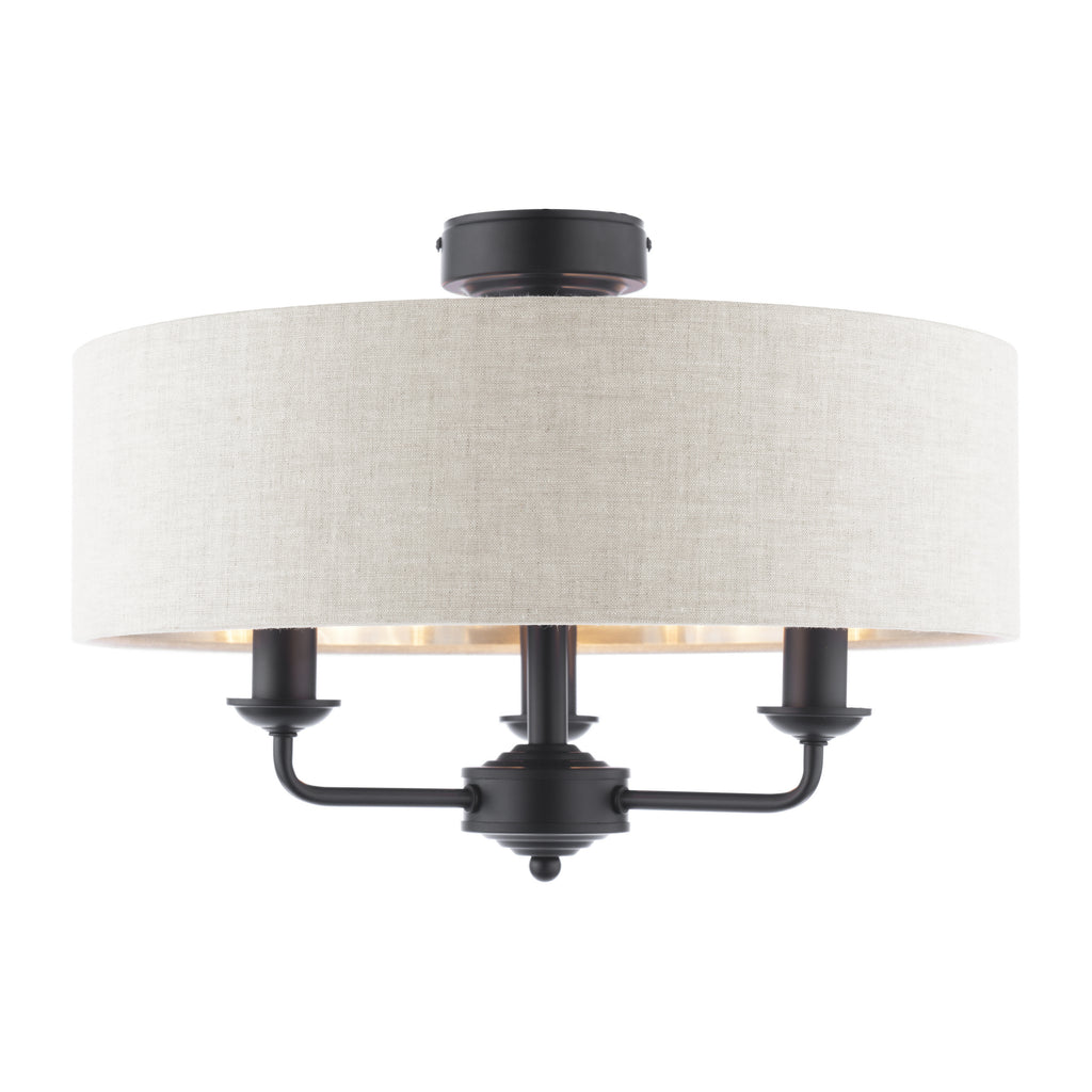Sorrento 3 Light Semi Flush Ceiling Light In Matt Black With Natural Linen Shade LA3756553-Q