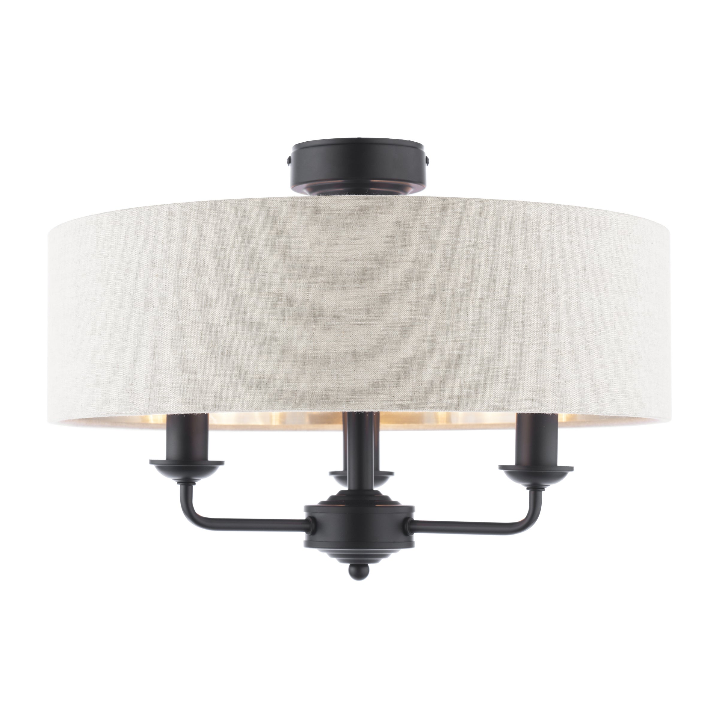 Sorrento 3 Light Semi Flush Ceiling Light In Matt Black With Natural Linen Shade LA3756553-Q