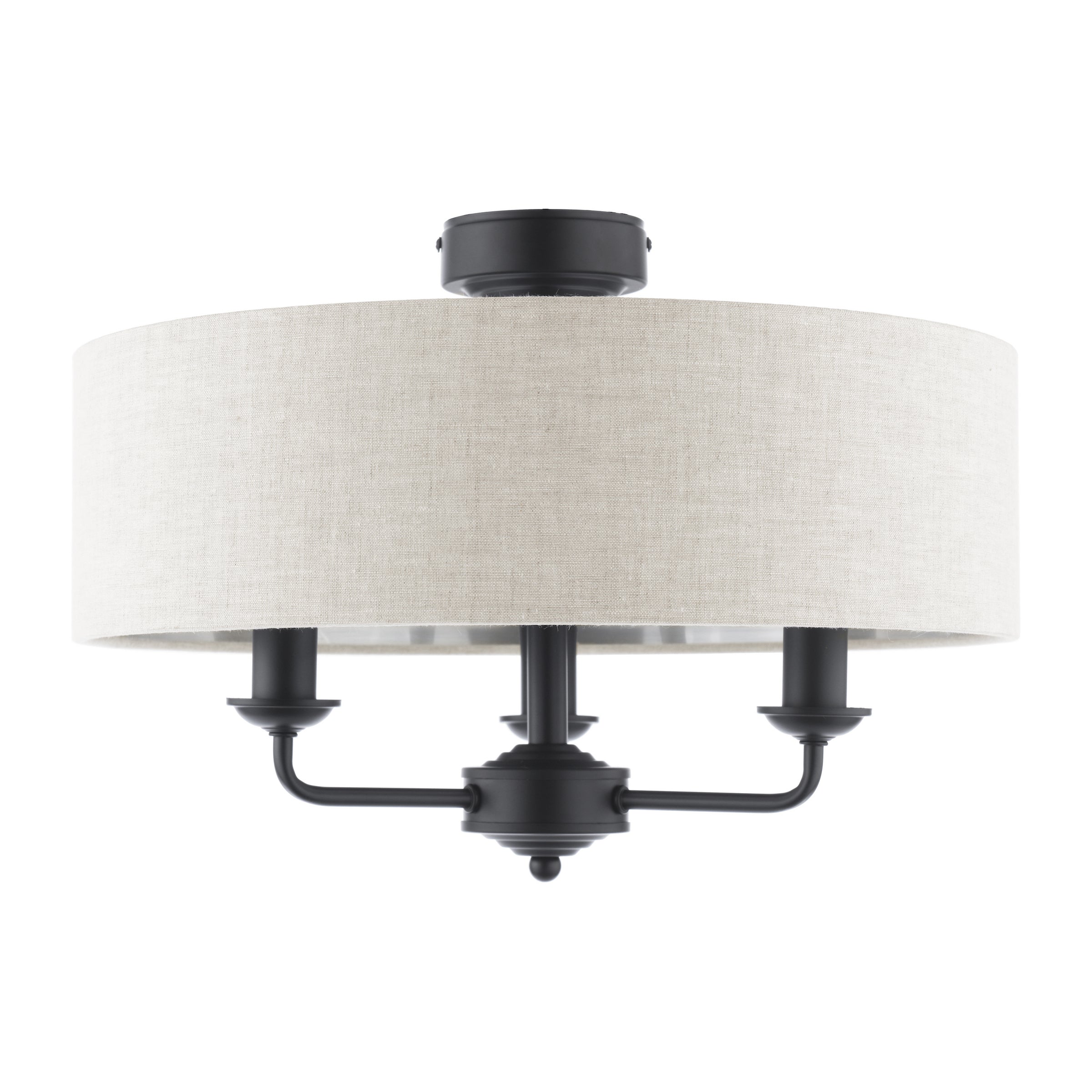 Sorrento 3 Light Semi Flush Ceiling Light In Matt Black With Natural Linen Shade LA3756553-Q