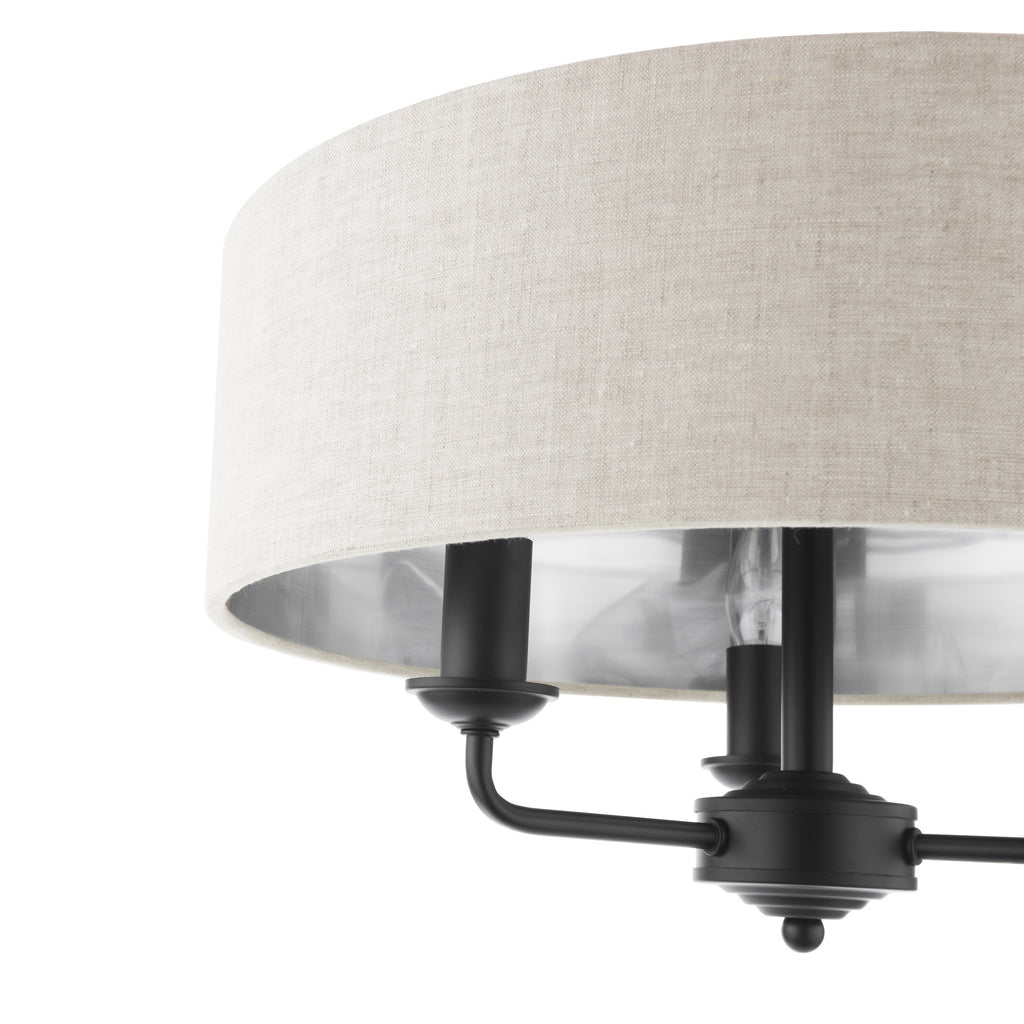Sorrento 3 Light Semi Flush Ceiling Light In Matt Black With Natural Linen Shade LA3756553-Q