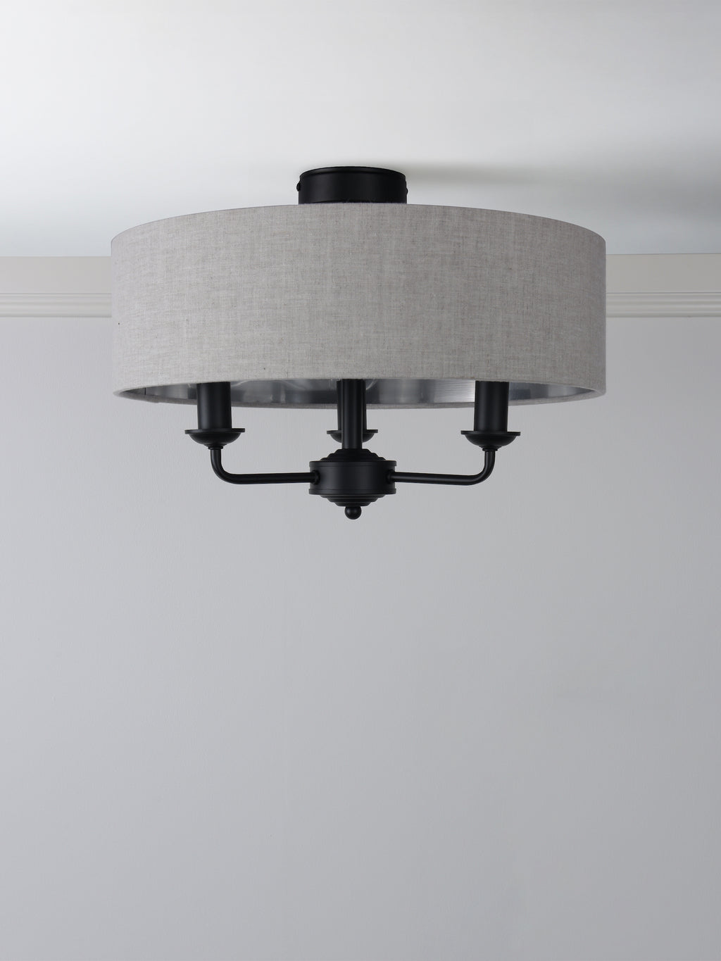 Sorrento 3 Light Semi Flush Ceiling Light In Matt Black With Natural Linen Shade LA3756553-Q