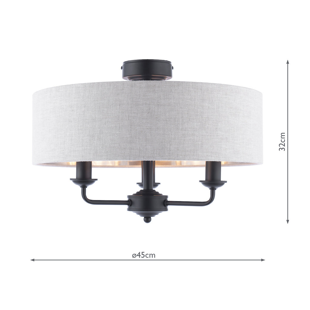 Sorrento 3 Light Semi Flush Ceiling Light In Matt Black With Natural Linen Shade LA3756553-Q