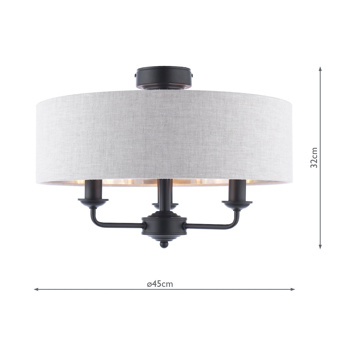 Sorrento 3 Light Semi Flush Ceiling Light In Matt Black With Natural Linen Shade LA3756553-Q