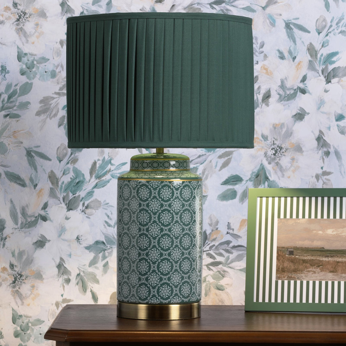 Laura Ashley Knipton Table Lamp Green Ceramic and Antique Brass With Shade LA3756699-Q