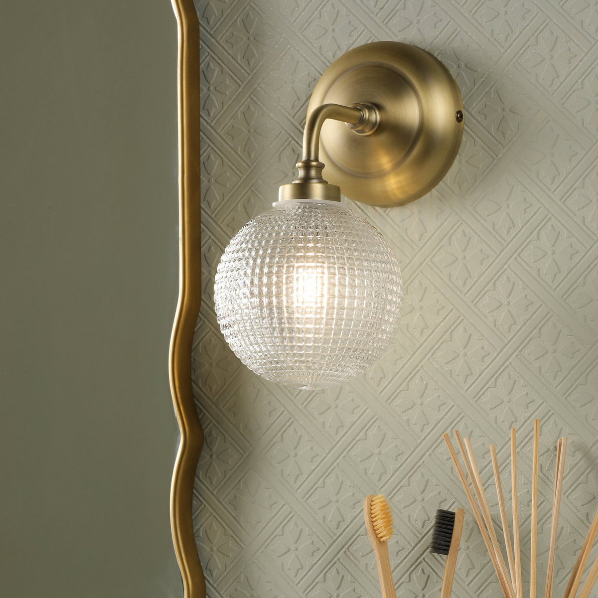 Laura Ashley Langdon Bathroom Wall Light Matt Antique Brass and Textured Glass IP44 LA3756716-Q